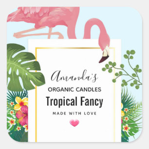 Sticker élégant Flamant rose rose et Carré tropica