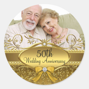 Sticker Elegant Gold Damask Photo 50th Anniversary