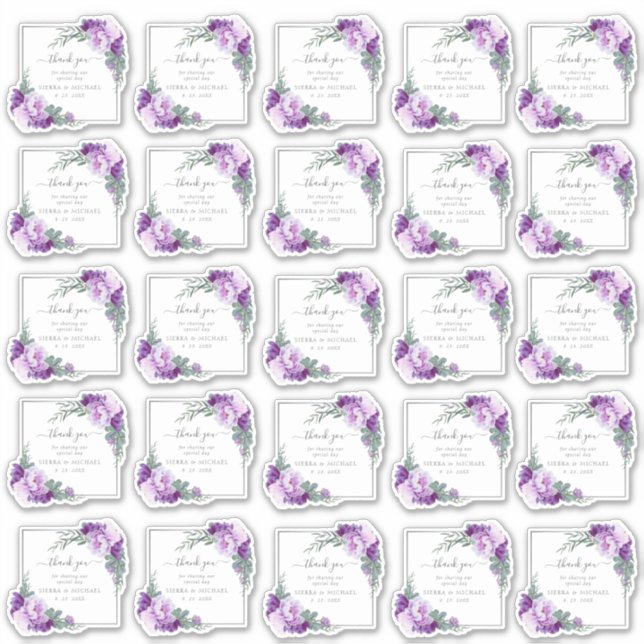 Sticker Élégant Mariage Merci floral violet et argenté (Devant)