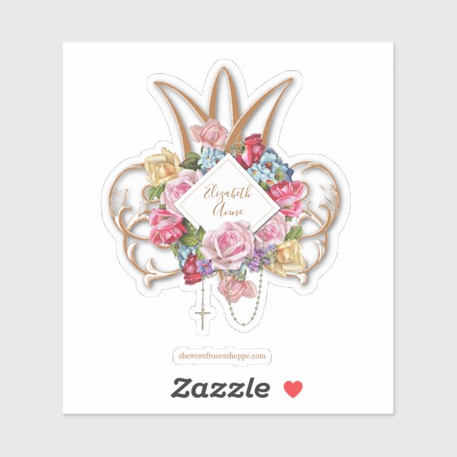 Sticker Élégant Rose Saint Rosaire Marian Monogramme (Feuille)
