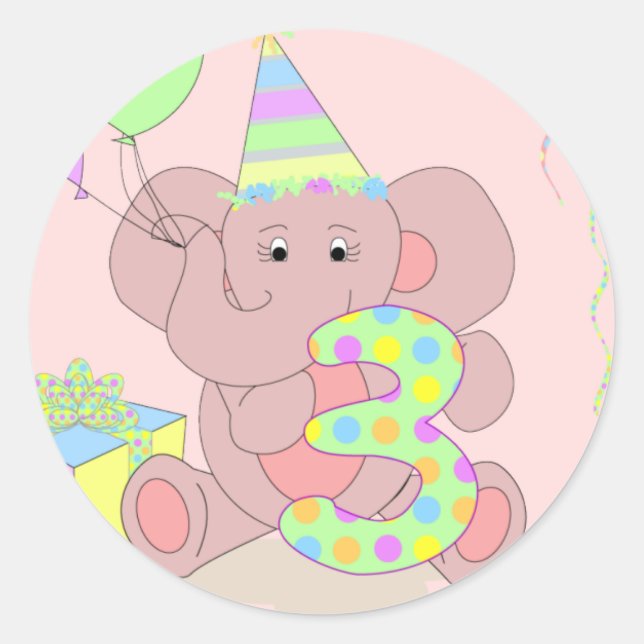 Sticker Eléphant 3e anniversaire pour filles (Devant)