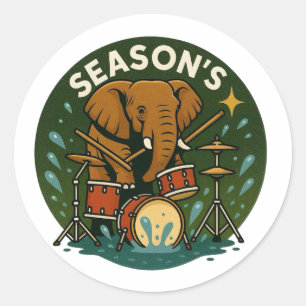 Sticker: Elephant Playing Drums in a Water Tub Classic Round Sticker