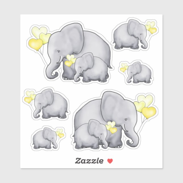 Sticker Eléphants Bébé mignons avec Ballons Coeur Jaune (Feuille)