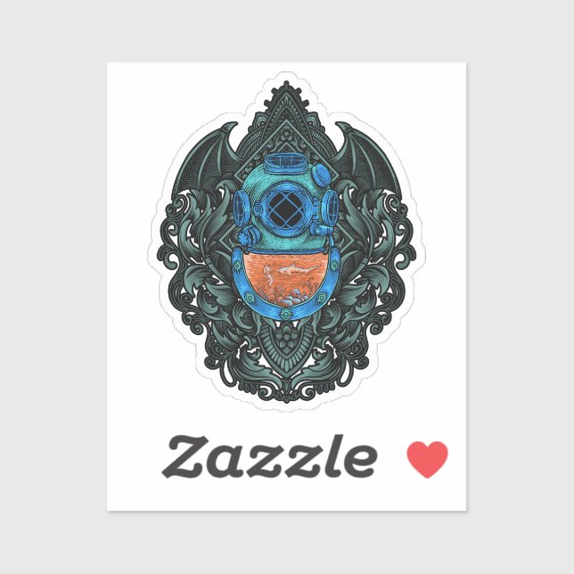 Sticker Emblème Casque de plongée antique avec requin (Feuille)