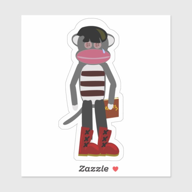 Sticker Emo Sock Monkey Funny Mopey Cartoon Art (Feuille)