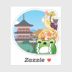 Sticker Émotion au temple japonais avec chat et grenouille