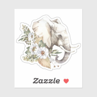 Sticker en Aquarelle Elephant Head & White Flowers
