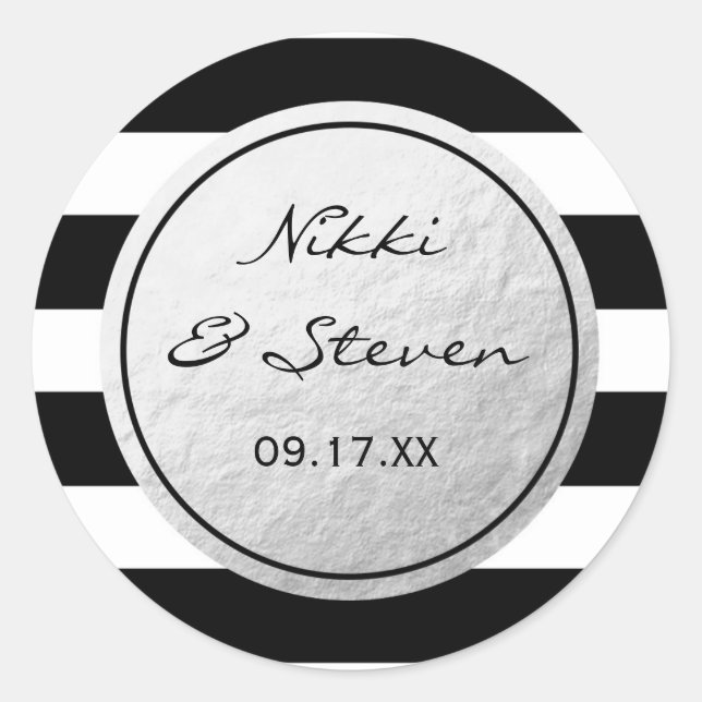 Sticker en argent rayé noir et blanc Étiquette (Devant)