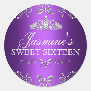 Sticker en argent violet Damask & Tiara Sweet 16