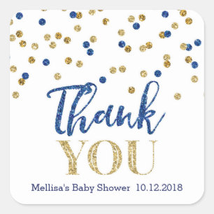 Sticker en Merci de Baby shower Blue Gold Confetti