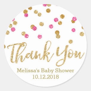 Sticker en Merci de Baby shower Confetti en or ros