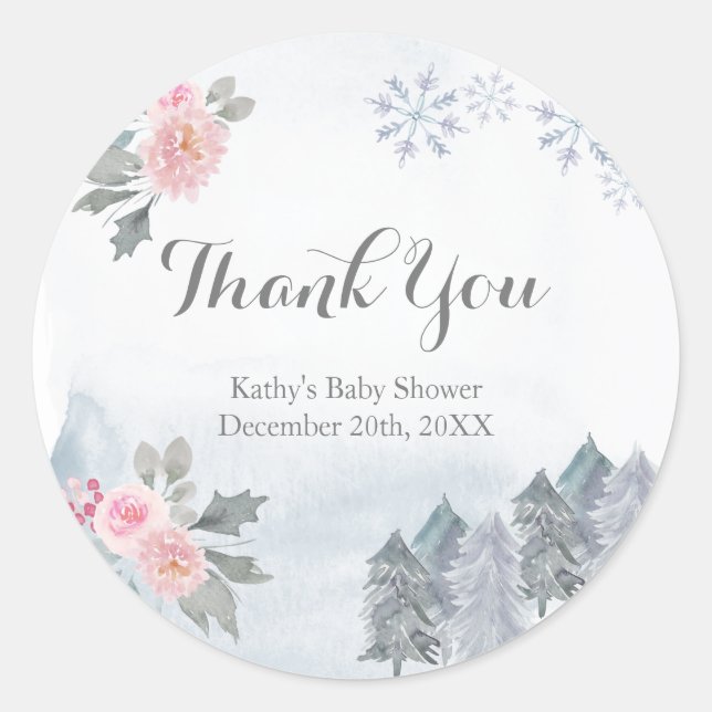 Sticker en Merci de Baby shower rose d'hiver (Devant)