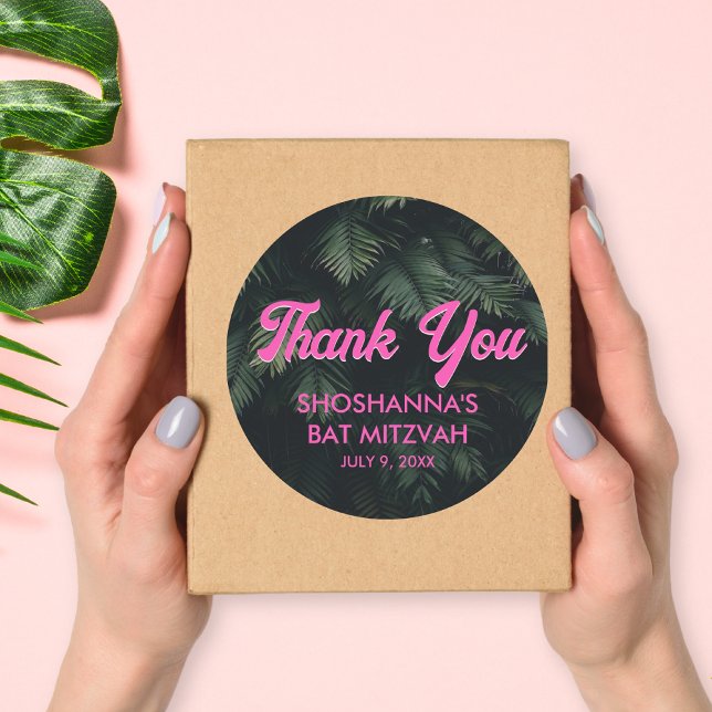 Sticker en Merci personnalisé rose tropicale néon (Neon Tropical Pink Folded Blank Thank You Card Classic Round Sticker
)