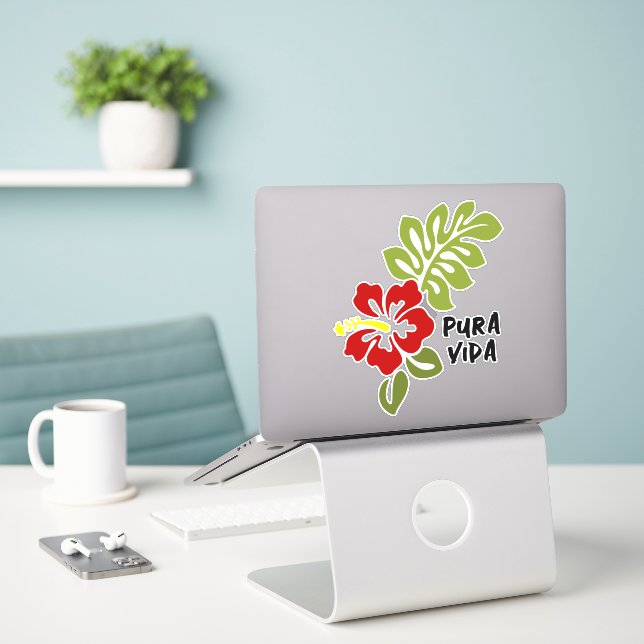 Sticker en vinyle personnalisé Pura Vida Hibiscus (Ordinateur portable sur le bureau)