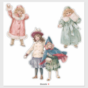 Sticker Enfants de Noël Vintage en Neige