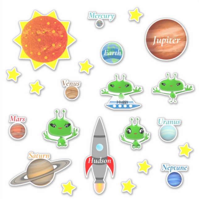 Sticker Enfants Nom Planètes Aliens Spaceships Système sol (Devant)