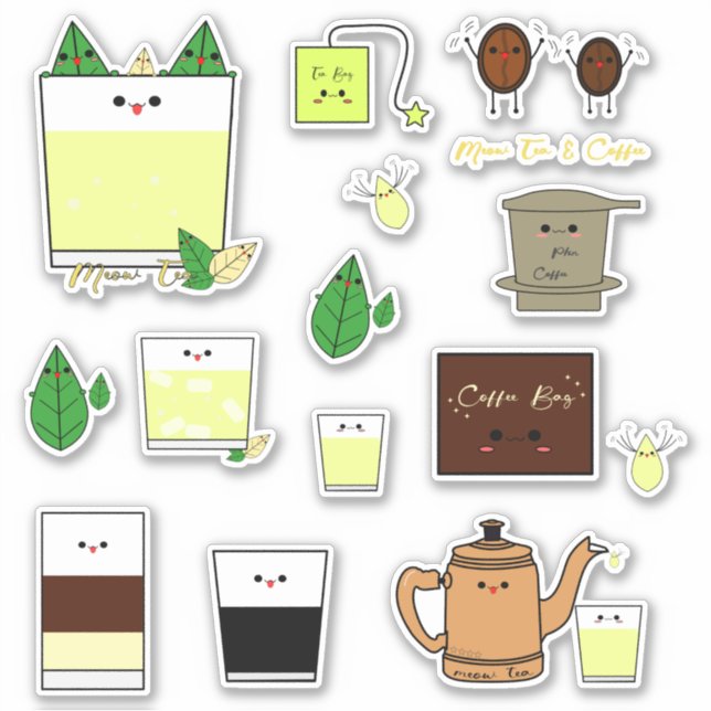 Sticker Ensemble De 15 Kawaii Café Et Thé Vietnamiens (Devant)