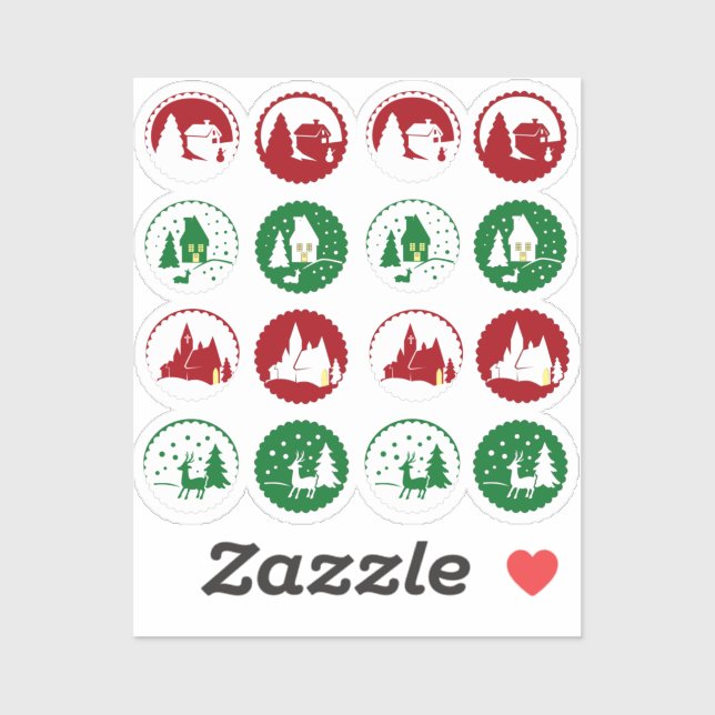 Sticker Ensemble de 16 scènes hivernales de Noël au vert r (Feuille)