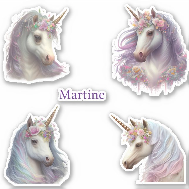 Sticker Ensemble de 4 Unicorne Nom personnalisé Coupe pers (Devant)