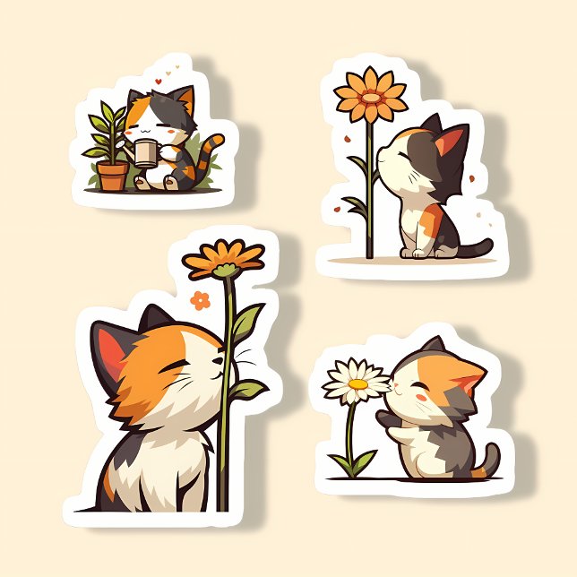 Sticker Ensemble de chats et de fleurs Kawaii Calico (Créateur téléchargé)