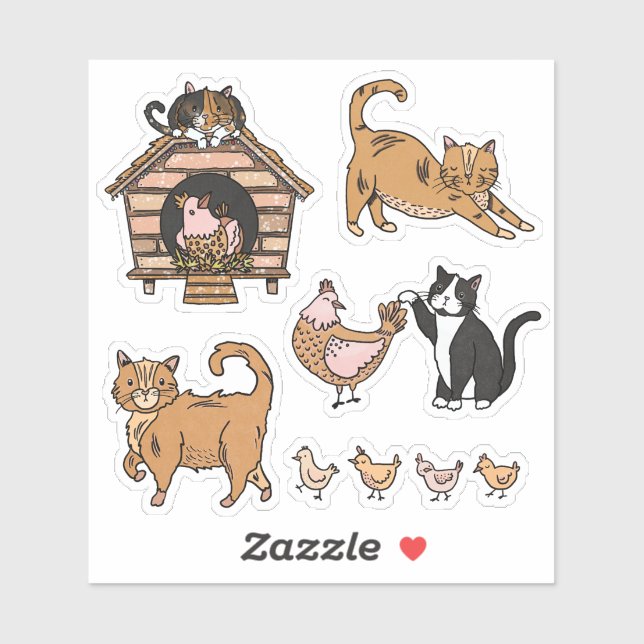 Sticker Ensemble de chats et poulets (Feuille)