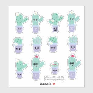 Sticker Ensemble vert mignon en cactus pourpre pointillé