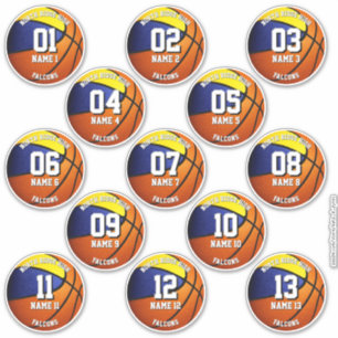 Sticker équipe de basket-ball en or bleu couleurs 13 joueu