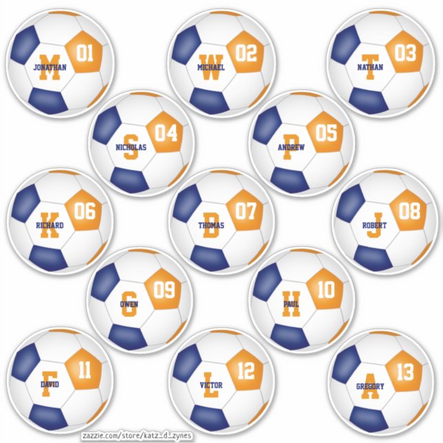 Sticker équipe de football orange bleu couleurs 13 joueurs (Devant)