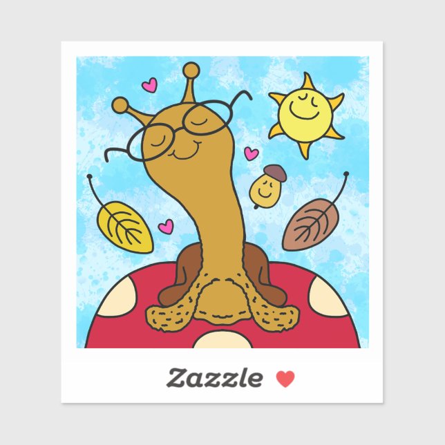 Sticker Escargot mignon Avec Verres De Champignons Tomber  (Feuille)