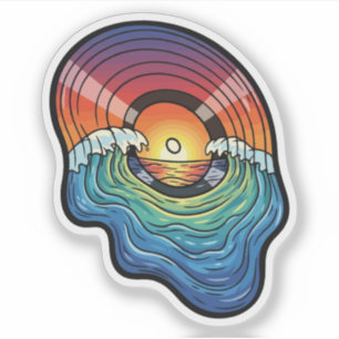 Sticker esthétique vinyle vague coucher de soleil rétro