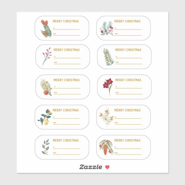 Sticker Étiquette de Noël Floral & Gold 10 pc (Feuille)