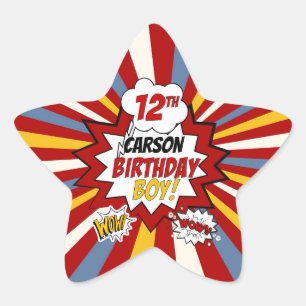 Sticker Étoile 12e anniversaire Boy Superhero Comic avec nom