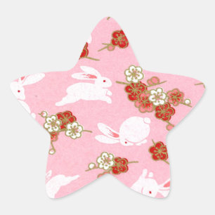Sticker Étoile Art japonais : Sakuras et lapins roses