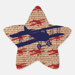 Sticker Étoile Avion propulseur de biplane vintage sur Burlap Imp