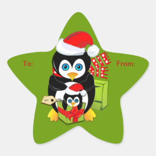 Sticker Étoile Baguette de Noël mignonne avec des pingouins
