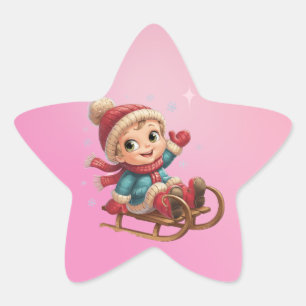 Sticker Étoile Balade en traîneau de Noël avec adorable enfant d'