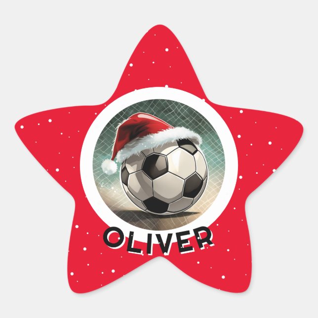 Sticker Étoile Balle de football Rouge Père Noël Nom de l`enfant (Devant)