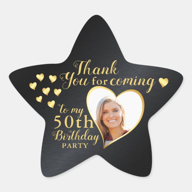 Sticker Étoile Black and Gold 50th Birthday Photo Thank You (Devant)