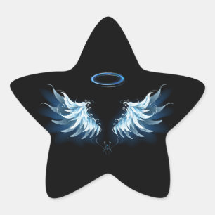 Sticker Étoile Blue Glowing Angel Wings on black background