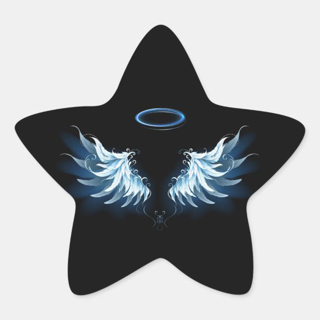 Sticker Étoile Blue Glowing Angel Wings on black background (Devant)