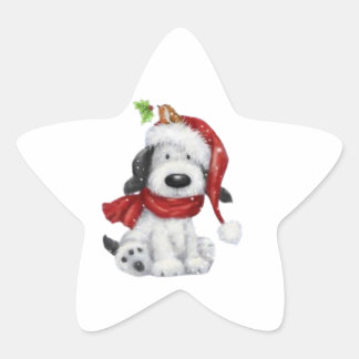 Sticker Étoile Charmant chien de Noël avec chapeau de Père Noël &