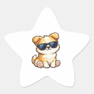 Sticker Étoile Chiot Mignon avec Lunettes de Soleil Design Kawaii