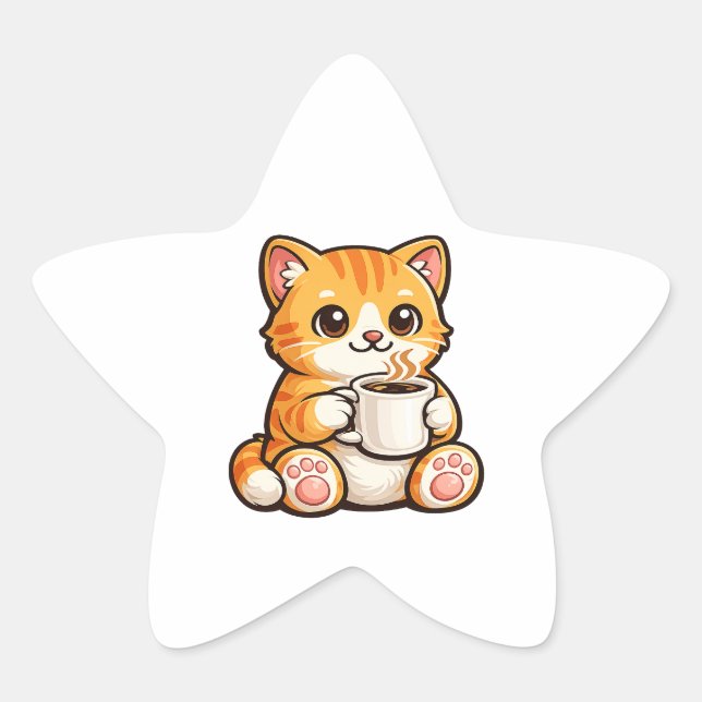 Sticker Étoile Cute Cat Coffee – Cozy Orange Cat Drinking Coffee  (Devant)