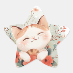 Sticker Étoile Cute Chibi Chat En Fleurs Amoureux de les chats Ca