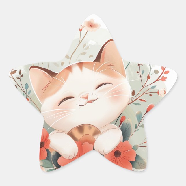 Sticker Étoile Cute Chibi Chat En Fleurs Amoureux de les chats Ca (Devant)