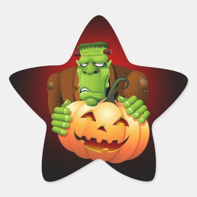 Sticker Étoile Dessin de Frankenstein Monster avec Citrouille (Devant)