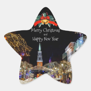 Sticker Étoile Fête de Noël, lumières vives et baubles,