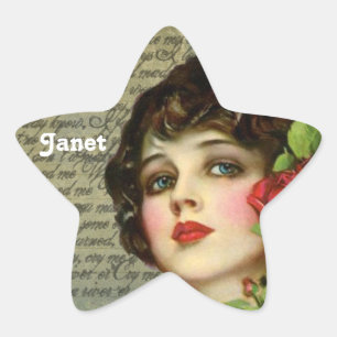 Sticker Étoile Fille de glamour victorienne avec Rose rouge