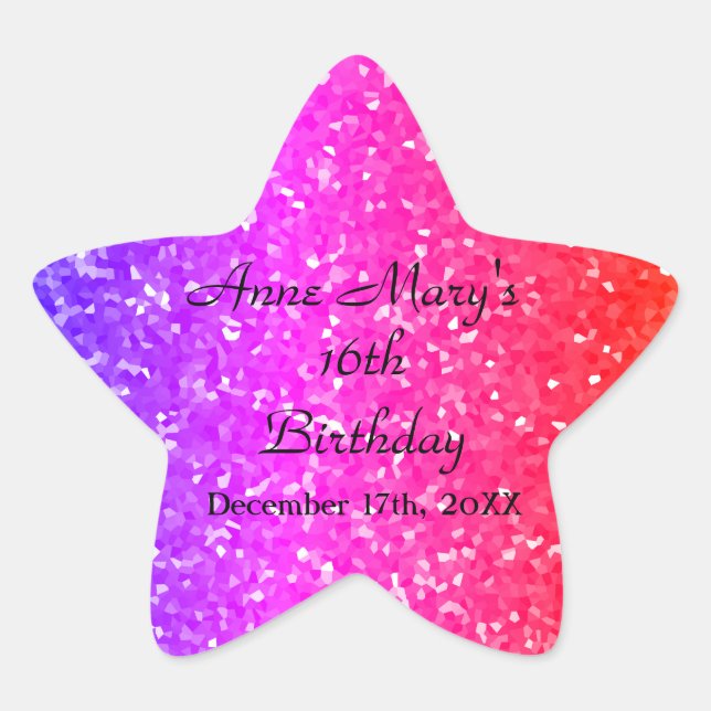 Sticker Étoile Glittery Pink Sparkle Nom personnalisé 16e anniver (Devant)