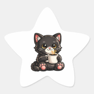 Sticker Étoile Joli Chat Noir avec Café